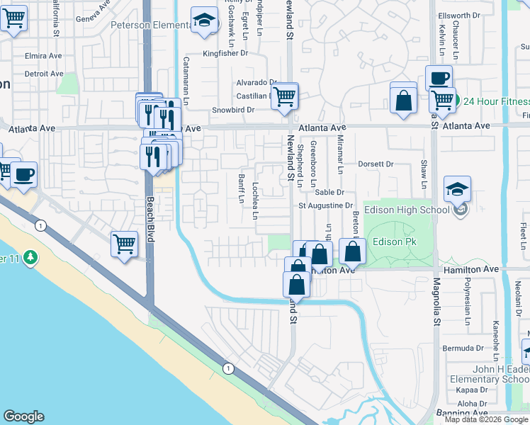map of restaurants, bars, coffee shops, grocery stores, and more near 8391 Doncaster Drive in Huntington Beach