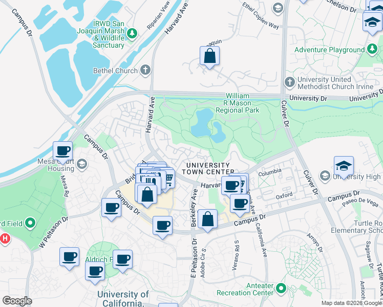 map of restaurants, bars, coffee shops, grocery stores, and more near 33 Auburn Aisle in Irvine