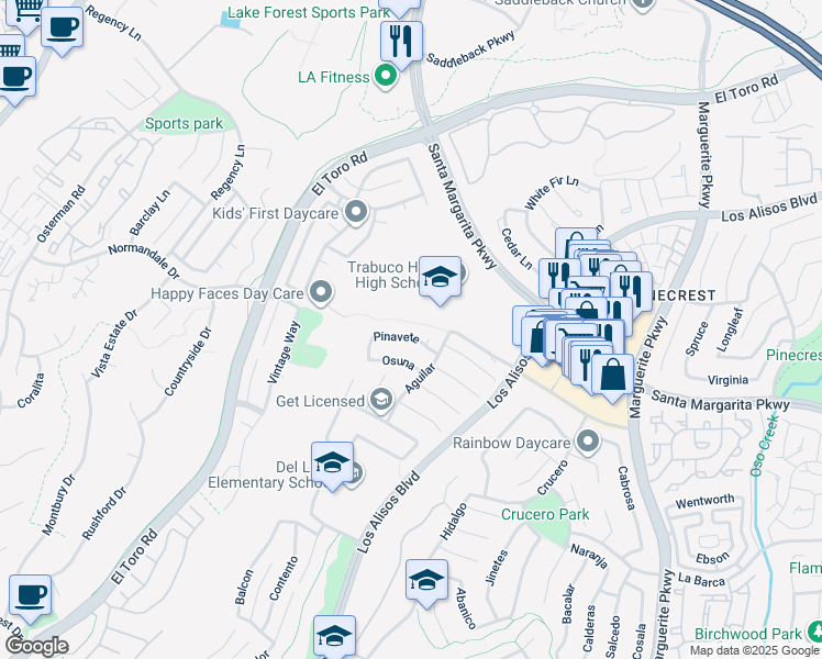 map of restaurants, bars, coffee shops, grocery stores, and more near 27391 Pinavete in Mission Viejo