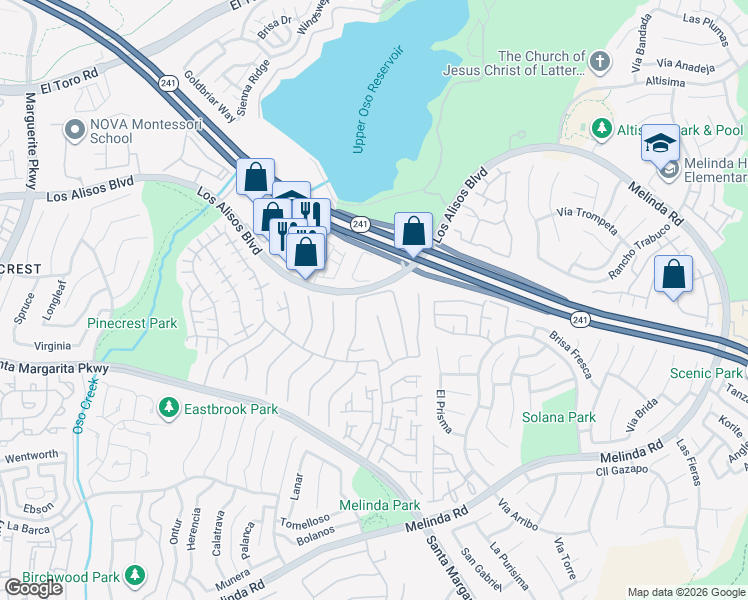 map of restaurants, bars, coffee shops, grocery stores, and more near 28885 Valletta in Mission Viejo