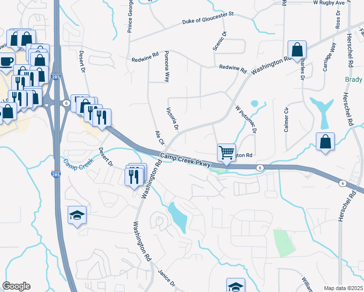 map of restaurants, bars, coffee shops, grocery stores, and more near 3747 Southland Court in East Point