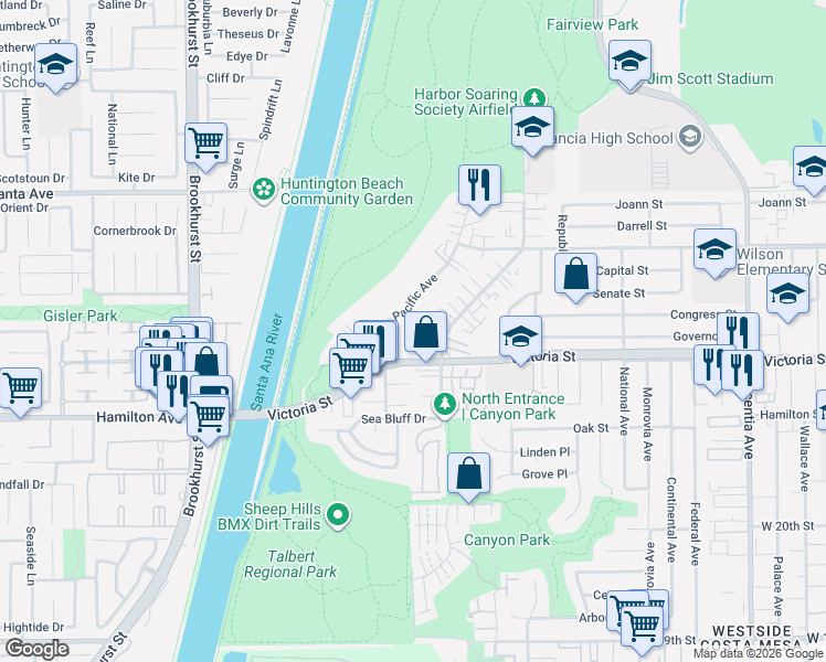 map of restaurants, bars, coffee shops, grocery stores, and more near 2198 Pacific Avenue in Costa Mesa