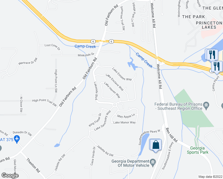 map of restaurants, bars, coffee shops, grocery stores, and more near Lake Haven Way in Atlanta