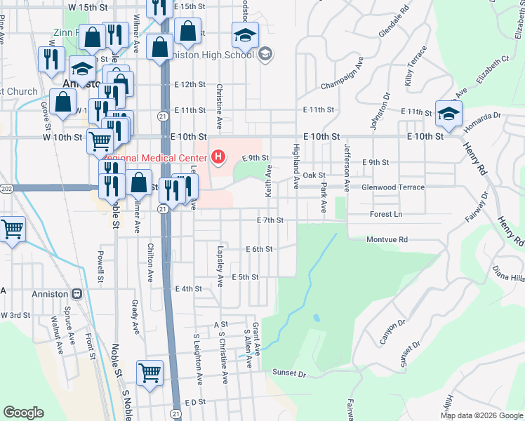 map of restaurants, bars, coffee shops, grocery stores, and more near 705 Knox Avenue in Anniston