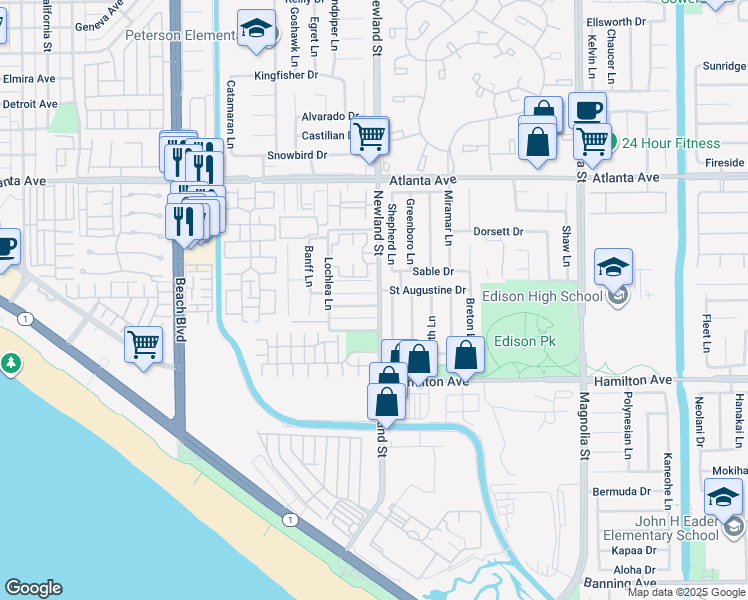 map of restaurants, bars, coffee shops, grocery stores, and more near 8491 Doncaster Drive in Huntington Beach