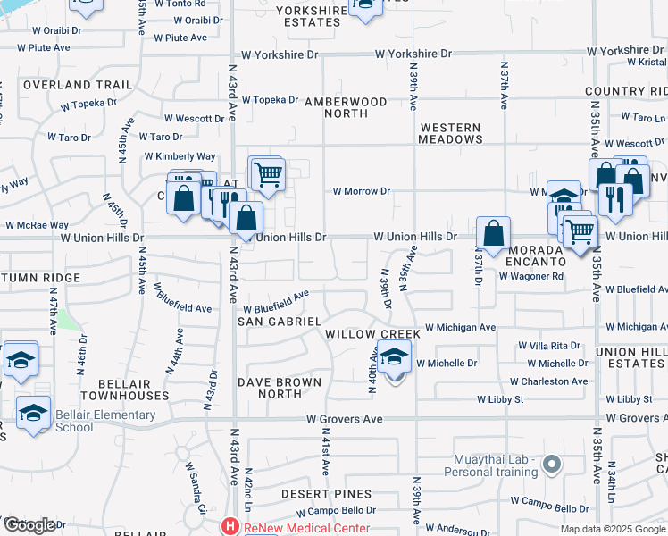 map of restaurants, bars, coffee shops, grocery stores, and more near 4101 West Union Hills Drive in Glendale