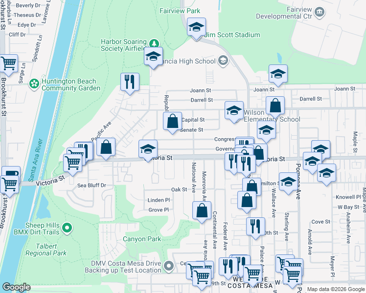 map of restaurants, bars, coffee shops, grocery stores, and more near 934 Governor Street in Costa Mesa