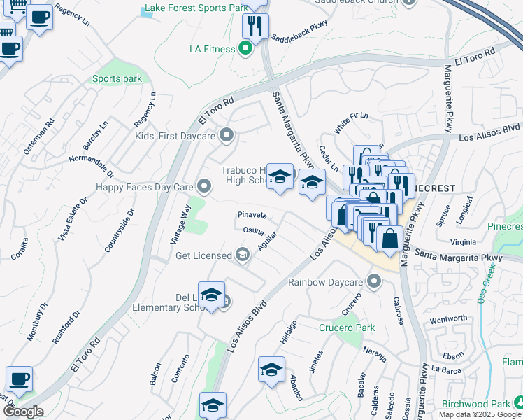 map of restaurants, bars, coffee shops, grocery stores, and more near 27391 Pinavete in Mission Viejo