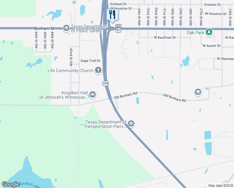 map of restaurants, bars, coffee shops, grocery stores, and more near 3600 Northwest Loop 286 in Paris