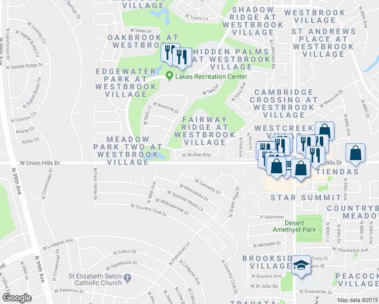 map of restaurants, bars, coffee shops, grocery stores, and more near 9502 West McRae Way in Peoria