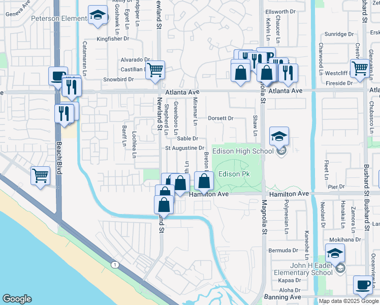 map of restaurants, bars, coffee shops, grocery stores, and more near 21292 Seaforth Lane in Huntington Beach