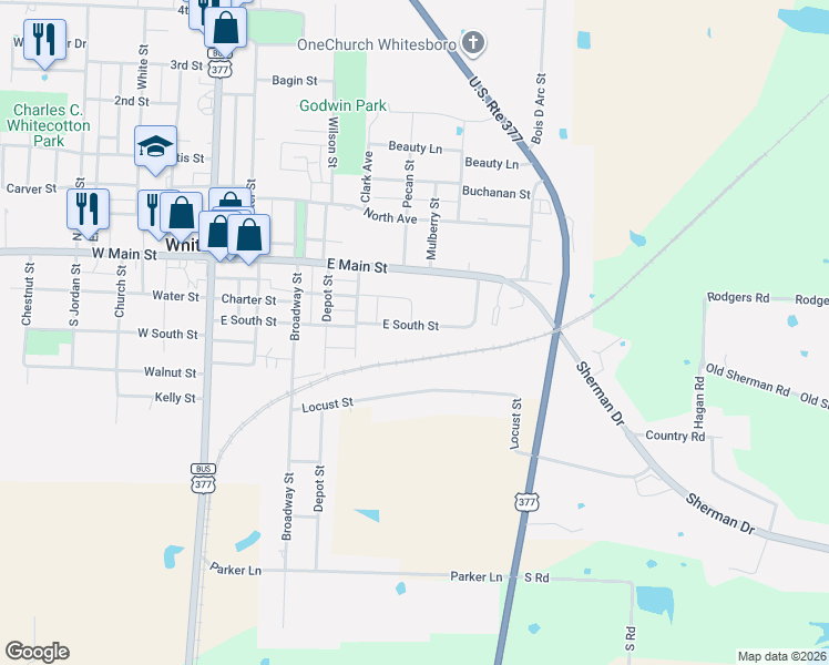 map of restaurants, bars, coffee shops, grocery stores, and more near 629 East South Street in Whitesboro