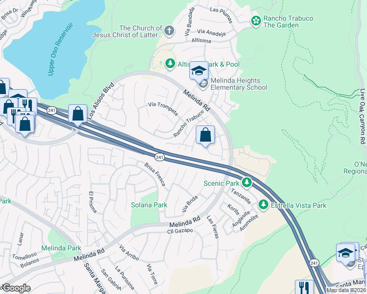 map of restaurants, bars, coffee shops, grocery stores, and more near 43 Tierra Seguro in Rancho Santa Margarita