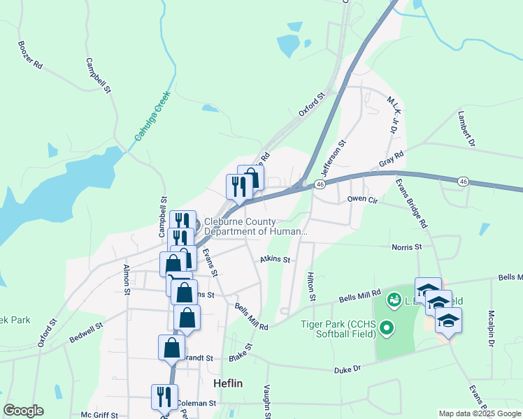 map of restaurants, bars, coffee shops, grocery stores, and more near 1304 Ross Street in Heflin