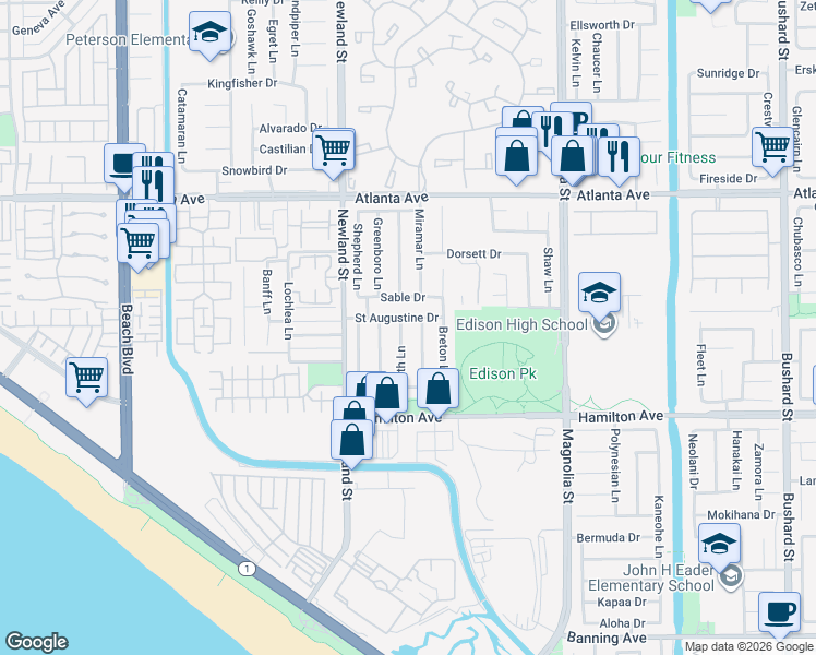 map of restaurants, bars, coffee shops, grocery stores, and more near 8631 Saint Augustine Drive in Huntington Beach
