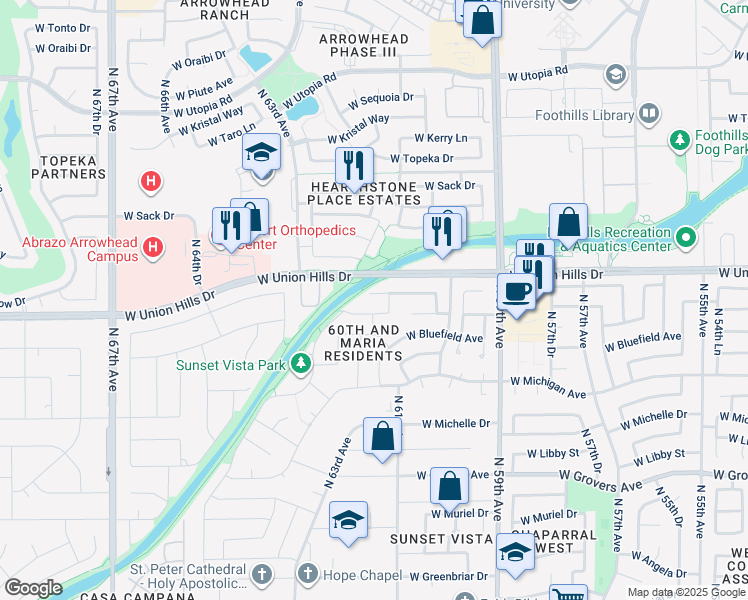 map of restaurants, bars, coffee shops, grocery stores, and more near 6133 West Audrey Lane in Glendale