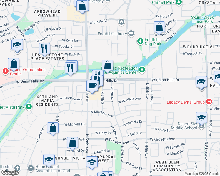 map of restaurants, bars, coffee shops, grocery stores, and more near 5702 West Wagoner Road in Glendale