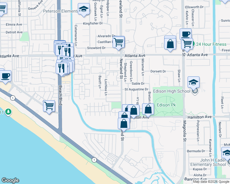 map of restaurants, bars, coffee shops, grocery stores, and more near 8441 Doncaster Drive in Huntington Beach