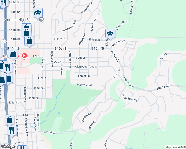 map of restaurants, bars, coffee shops, grocery stores, and more near 717 Lockwood Avenue in Anniston