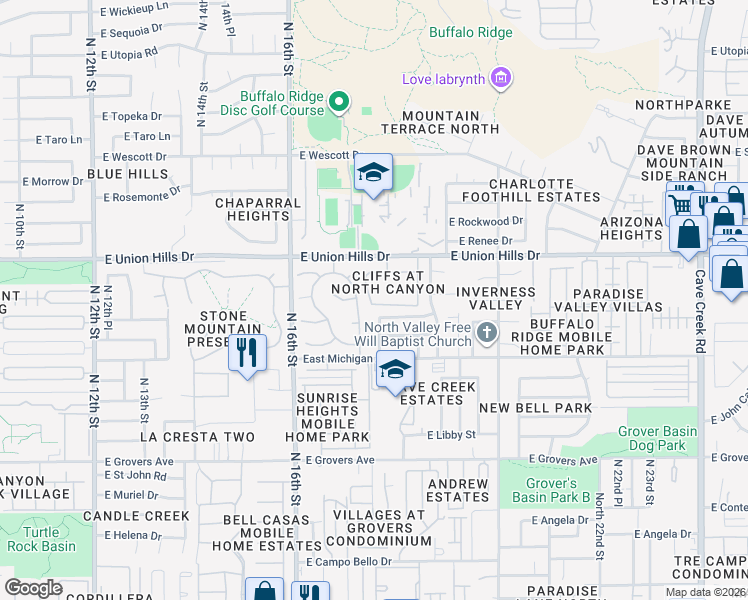 map of restaurants, bars, coffee shops, grocery stores, and more near 18425 North 16th Way in Phoenix