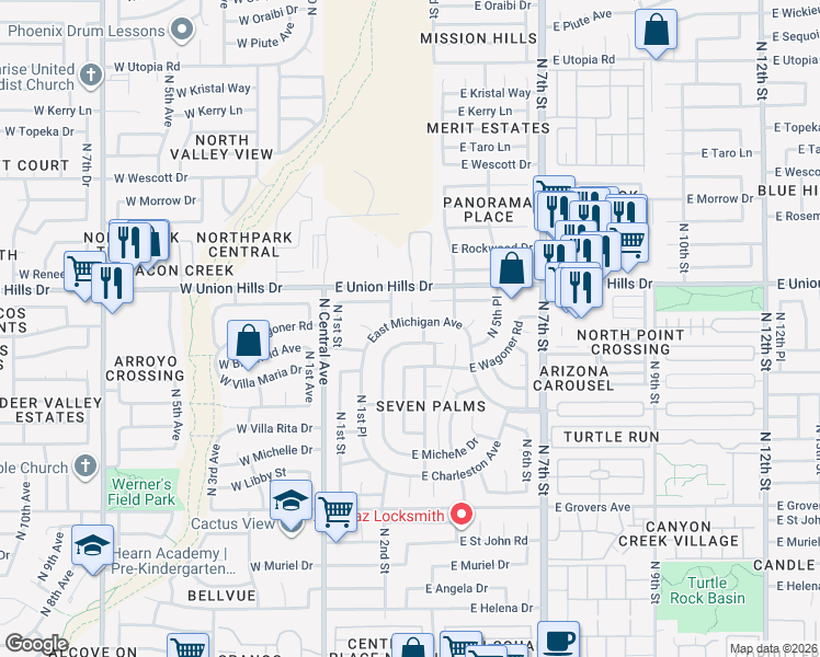 map of restaurants, bars, coffee shops, grocery stores, and more near 18434 North 2nd Place in Phoenix