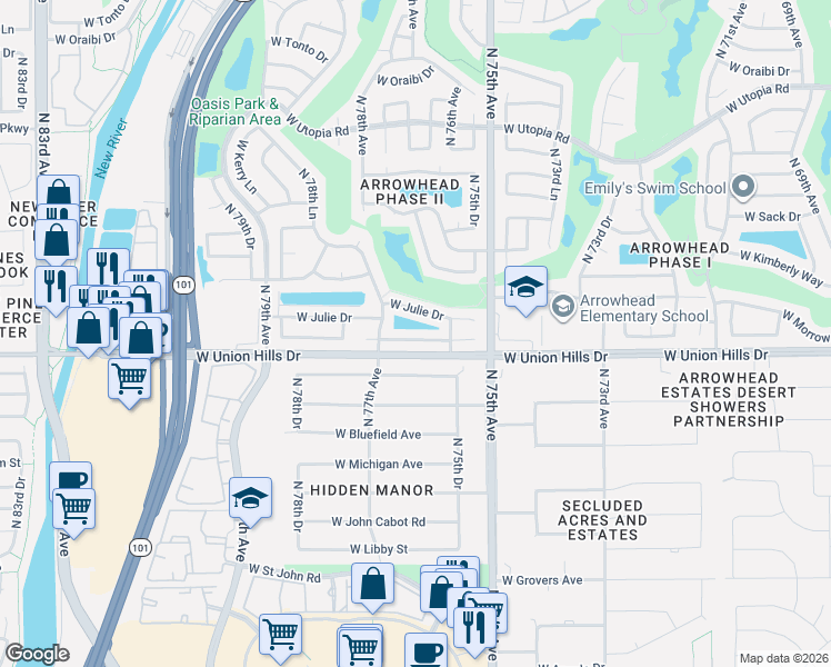 map of restaurants, bars, coffee shops, grocery stores, and more near 7639 West Julie Drive in Glendale