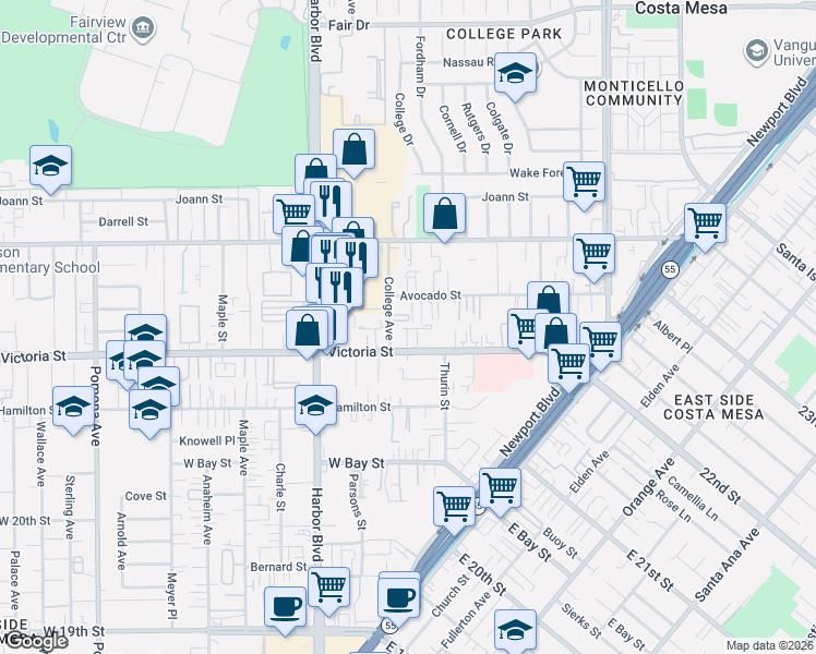 map of restaurants, bars, coffee shops, grocery stores, and more near 371 Avocado Street in Costa Mesa