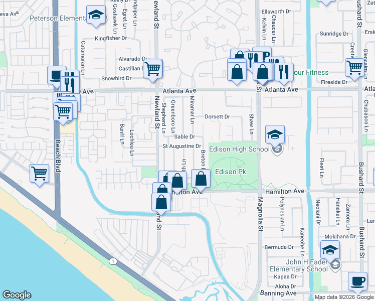 map of restaurants, bars, coffee shops, grocery stores, and more near 8631 Saint Augustine Drive in Huntington Beach