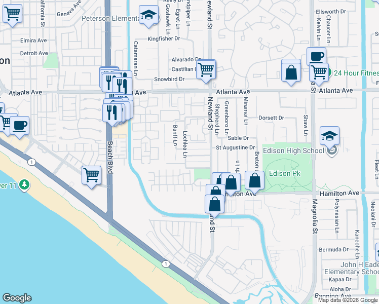map of restaurants, bars, coffee shops, grocery stores, and more near 8412 Hillhead Drive in Huntington Beach