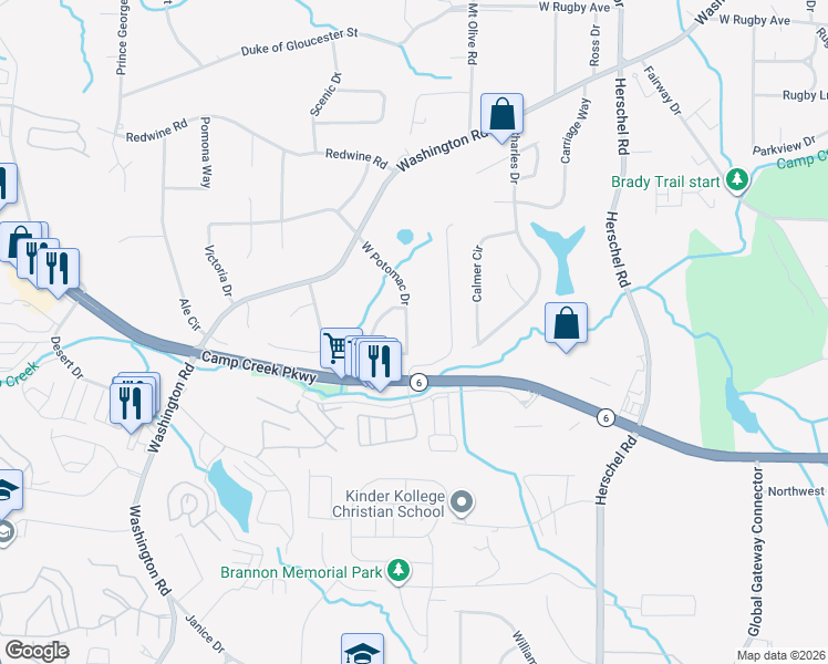 map of restaurants, bars, coffee shops, grocery stores, and more near 3700 West Potomac Drive in East Point