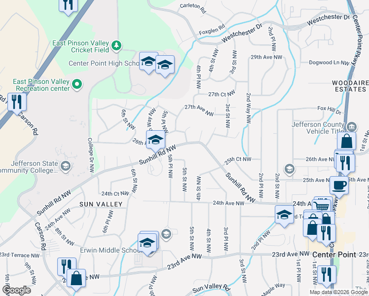 map of restaurants, bars, coffee shops, grocery stores, and more near 504 Sunhill Road Northwest in Center Point