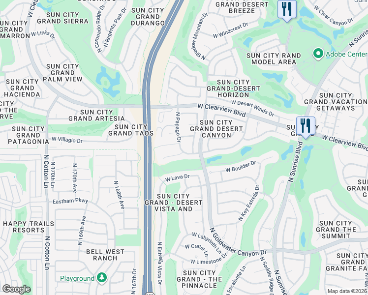 map of restaurants, bars, coffee shops, grocery stores, and more near 16445 West Desert Stone Lane in Surprise