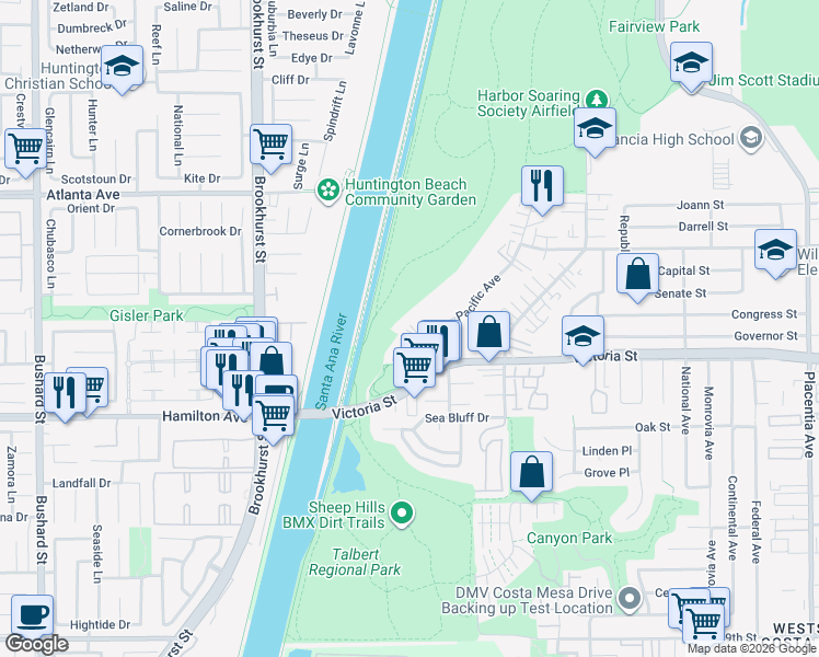 map of restaurants, bars, coffee shops, grocery stores, and more near 1222 Las Arenas Way in Costa Mesa