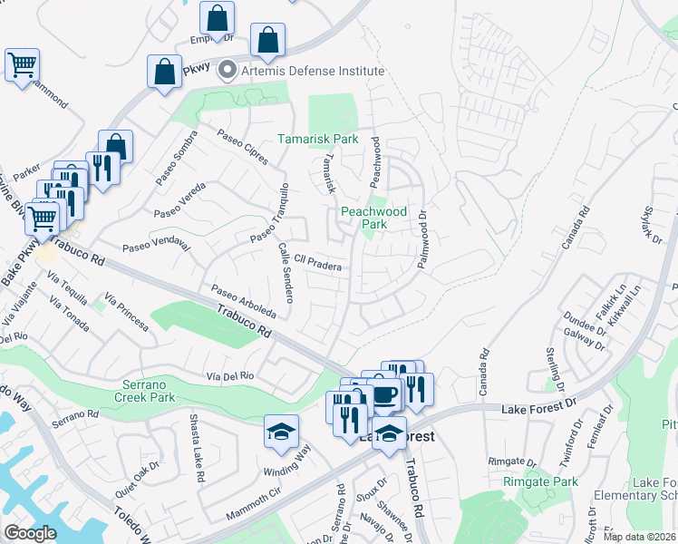 map of restaurants, bars, coffee shops, grocery stores, and more near 25291 Tanoak Lane in Lake Forest