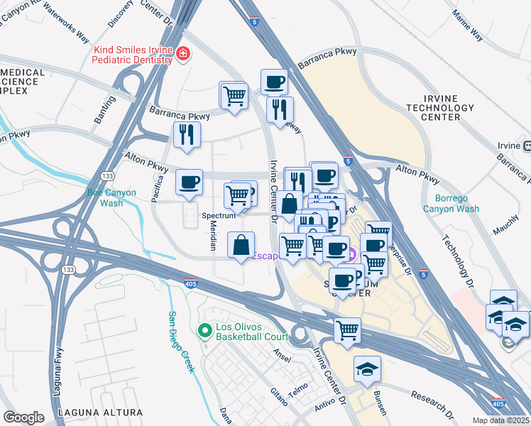 map of restaurants, bars, coffee shops, grocery stores, and more near 1417 Spectrum in Irvine