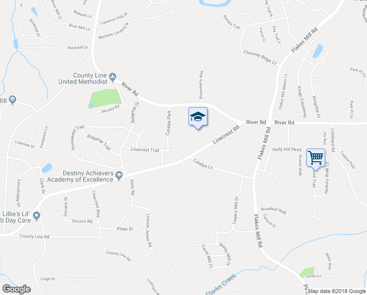 map of restaurants, bars, coffee shops, grocery stores, and more near 3687 Linecrest Trail in Ellenwood