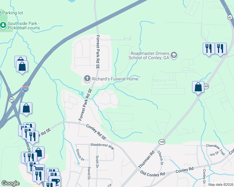 map of restaurants, bars, coffee shops, grocery stores, and more near 3696 Chevington Court Southeast in Atlanta
