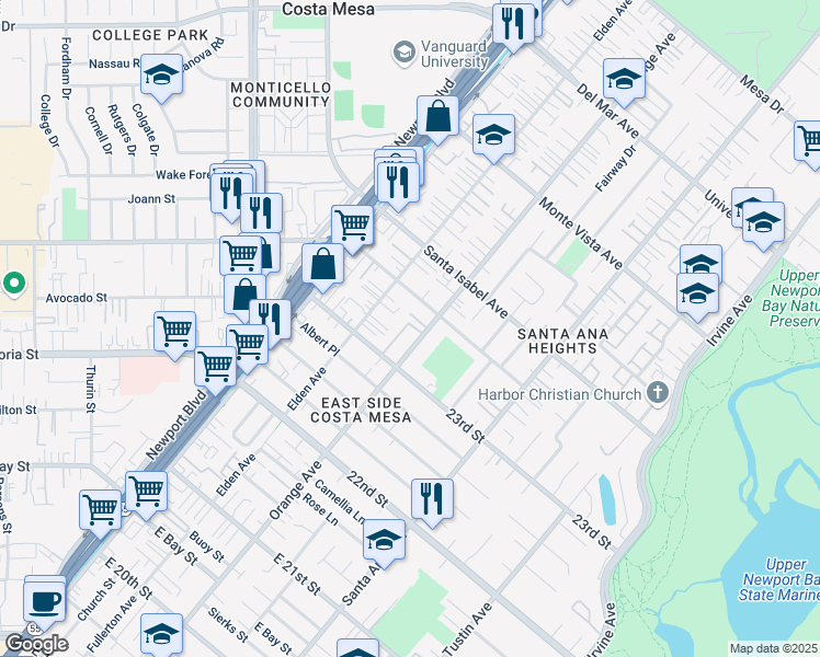 map of restaurants, bars, coffee shops, grocery stores, and more near 198 Brandywyne Terrace in Costa Mesa