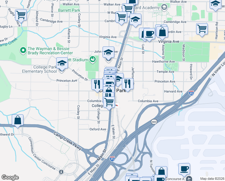 map of restaurants, bars, coffee shops, grocery stores, and more near in College Park