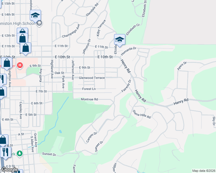 map of restaurants, bars, coffee shops, grocery stores, and more near 1305 Forest Lane in Anniston