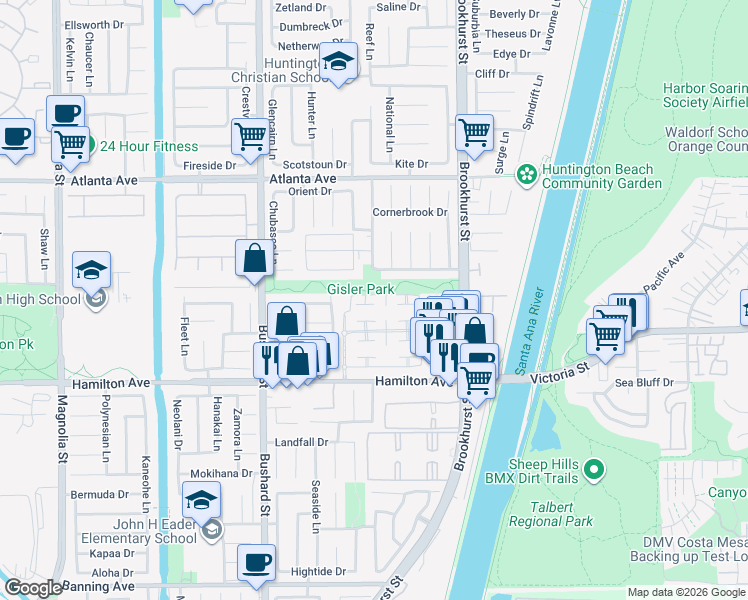 map of restaurants, bars, coffee shops, grocery stores, and more near 9746 Bluereef Drive in Huntington Beach