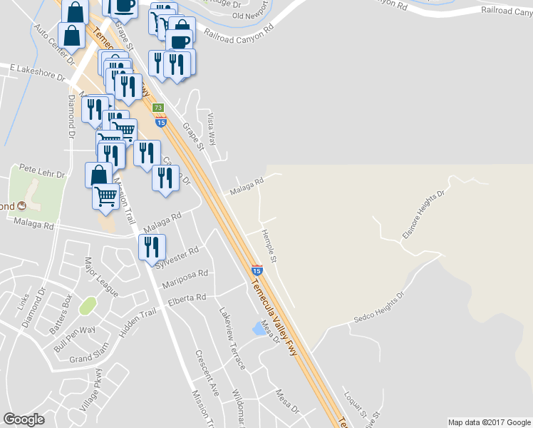 map of restaurants, bars, coffee shops, grocery stores, and more near 32130 Hemple Street in Wildomar