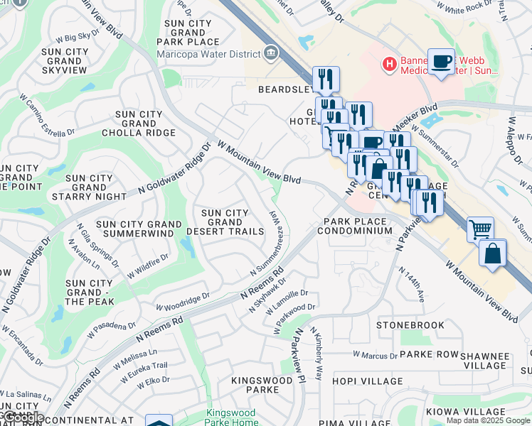 map of restaurants, bars, coffee shops, grocery stores, and more near 18627 North Summerbreeze Way in Surprise
