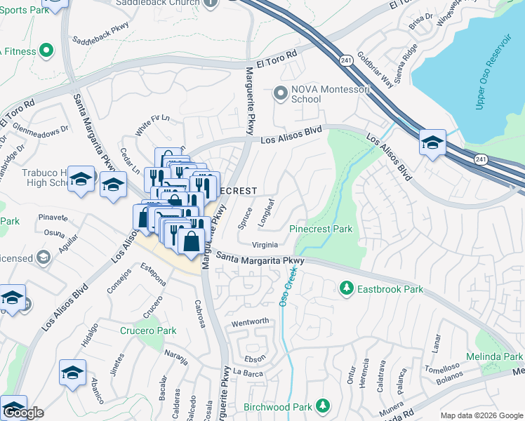 map of restaurants, bars, coffee shops, grocery stores, and more near 21281 Longleaf in Mission Viejo