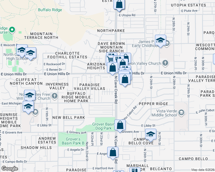 map of restaurants, bars, coffee shops, grocery stores, and more near 18416 North Cave Creek Road in Phoenix