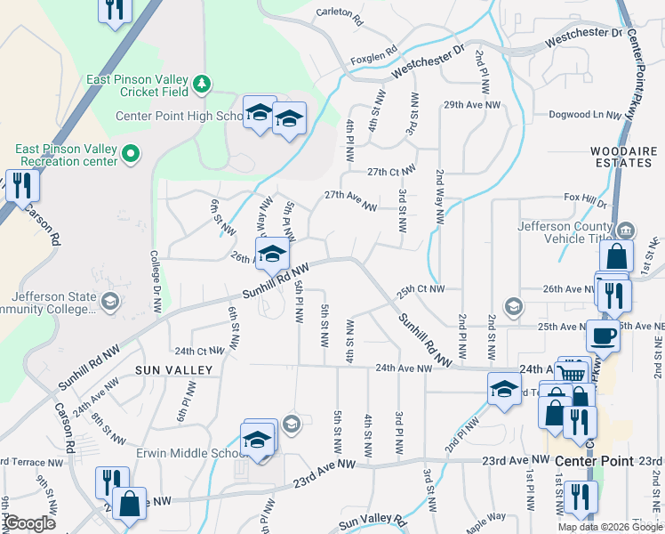 map of restaurants, bars, coffee shops, grocery stores, and more near 2500 4th Way Northwest in Center Point