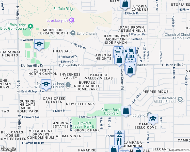 map of restaurants, bars, coffee shops, grocery stores, and more near 2131 East Union Hills Drive in Phoenix