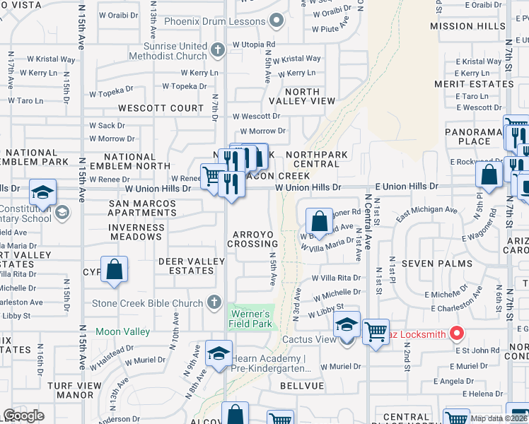 map of restaurants, bars, coffee shops, grocery stores, and more near 18455 North 5th Avenue in Phoenix
