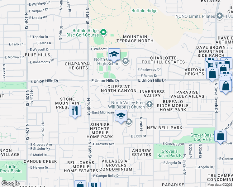 map of restaurants, bars, coffee shops, grocery stores, and more near 1717 East Union Hills Drive in Phoenix