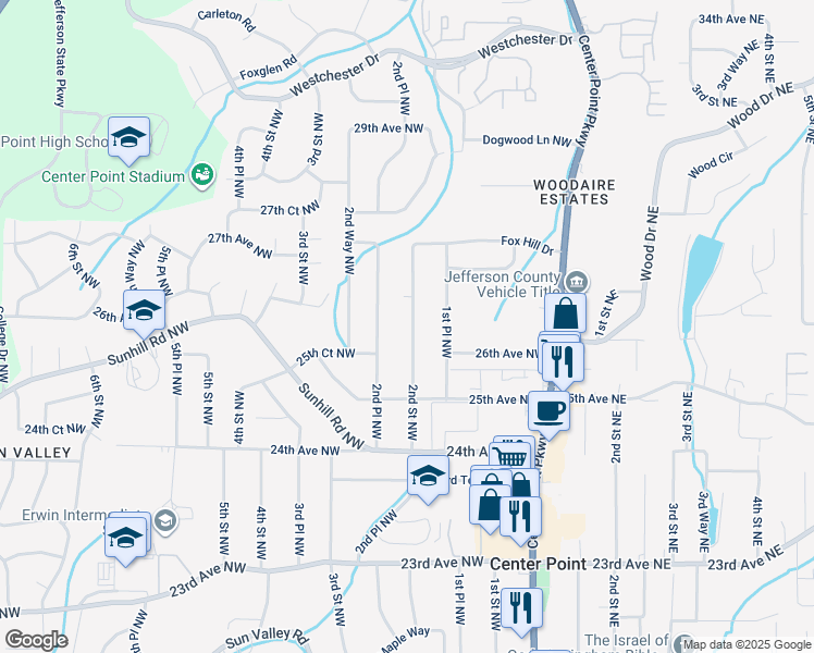 map of restaurants, bars, coffee shops, grocery stores, and more near 2612 2nd Street Northwest in Center Point